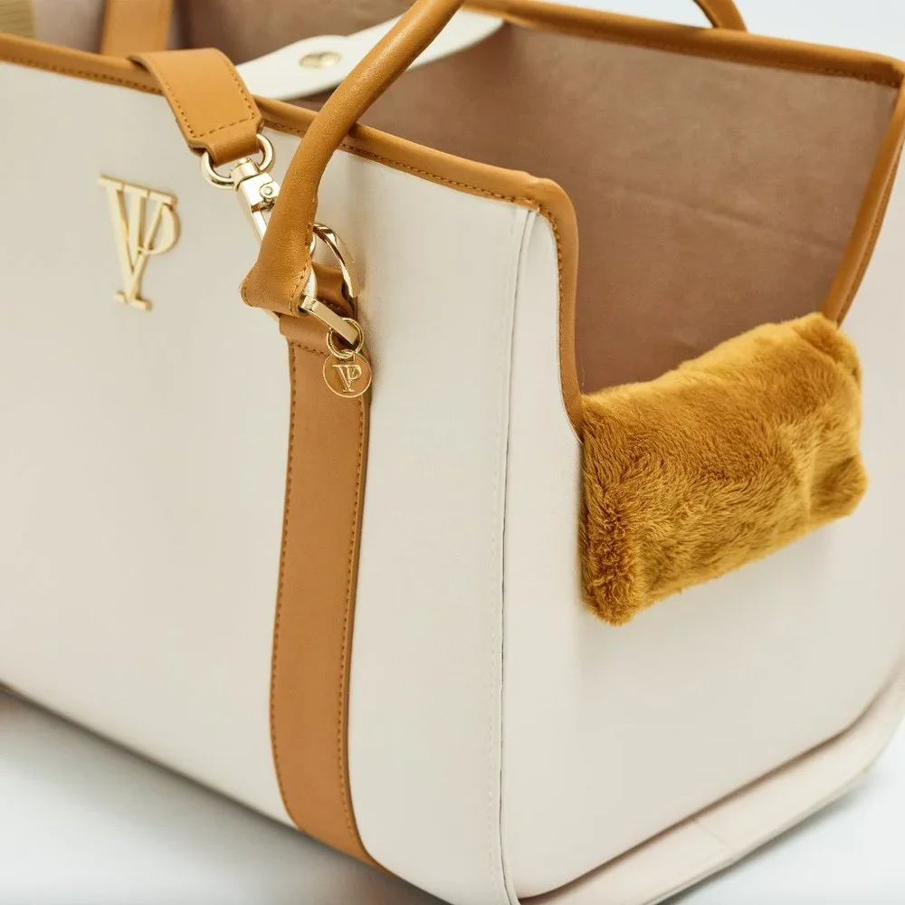 Ivory and Gold Leather Luxury Dog Carrier, Dog Bag, Dog tote for small dogs
